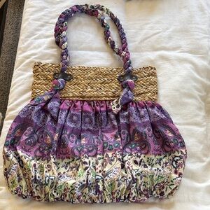 Capelli of New York Purple and Cream Braided-Handle Straw-Top Tote